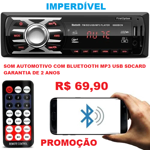 Som Para Carro Automotivo Com Bluetooth Mp3 Usb 2 Ano Garantia